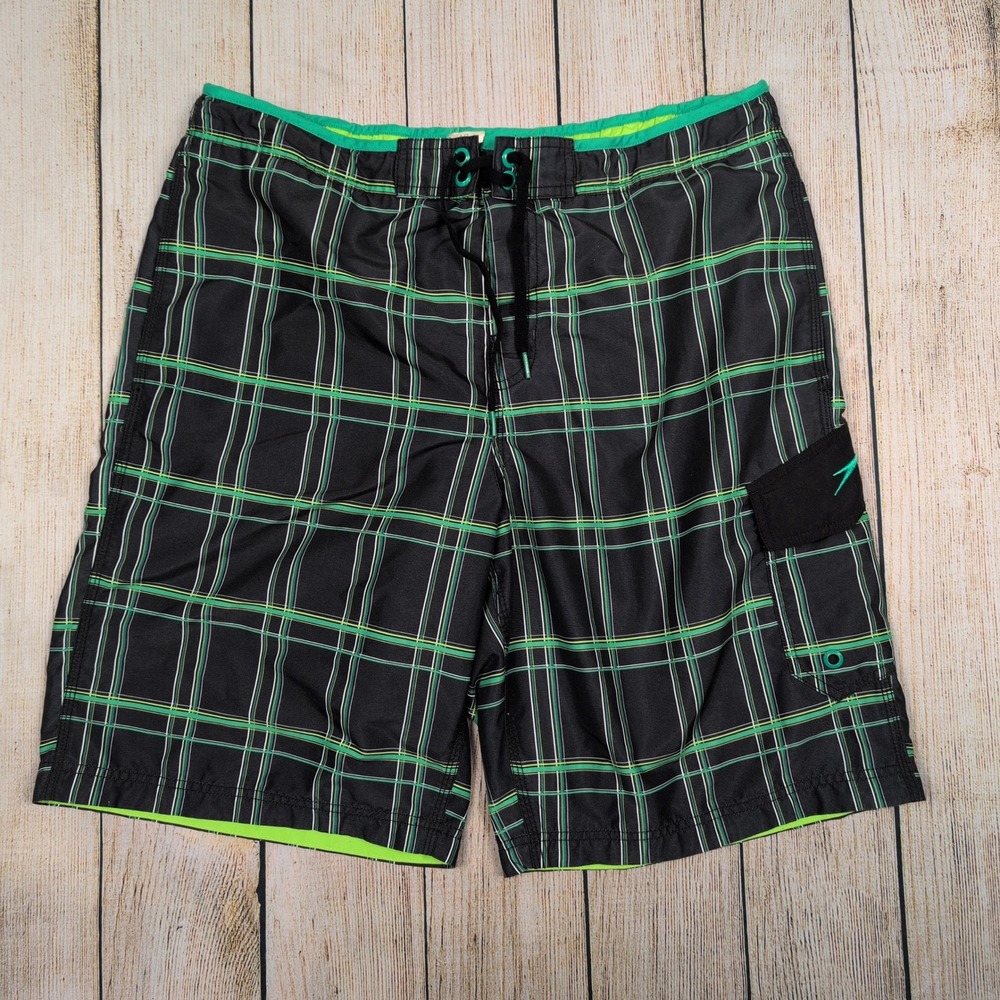 Speedo Plaid Swim Trunks Board Shorts with Pocket Black Green‎ Mens Large